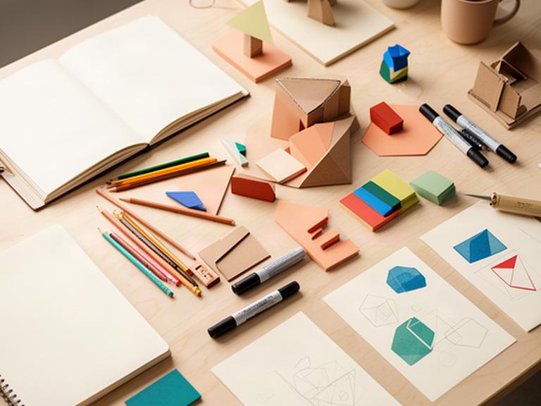 Mesa de trabajo con cuadernos, materiales de dibujo y prototipos durante una sesión de metodología creativa