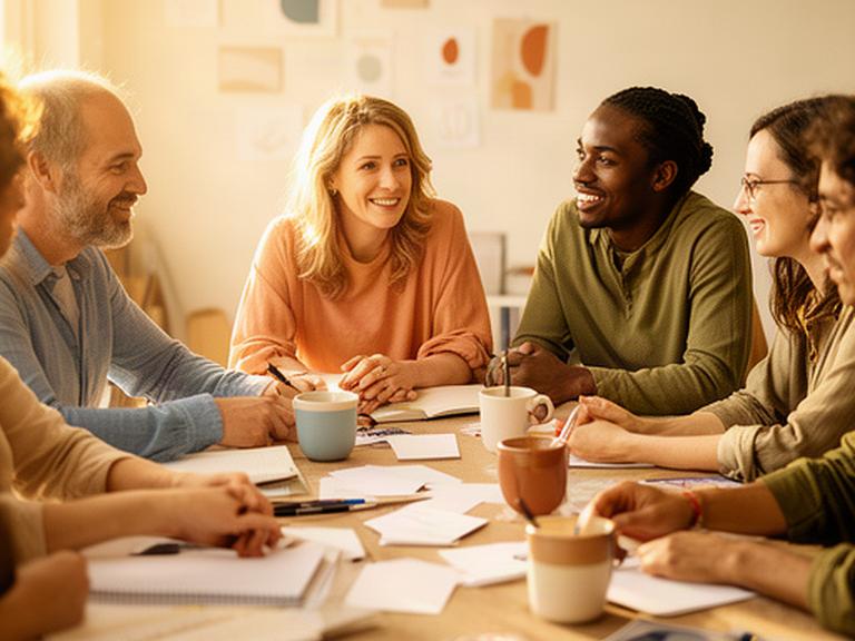 Participantes de un taller creativo trabajando con confianza alrededor de una mesa compartida